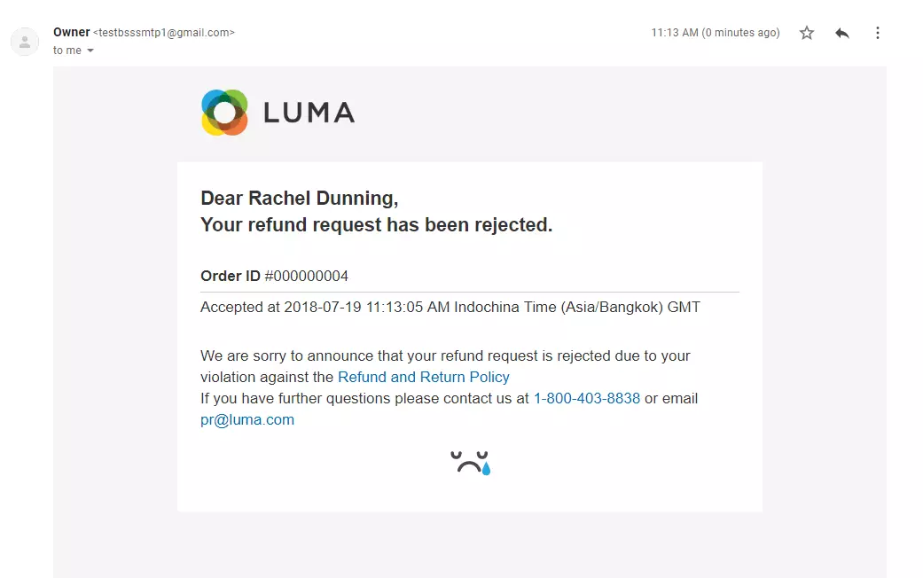 Ejemplo de correo de rechazo de solicitud de reembolso