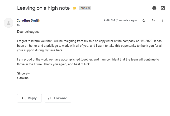 Ejemplo de correo electrónico de renuncia