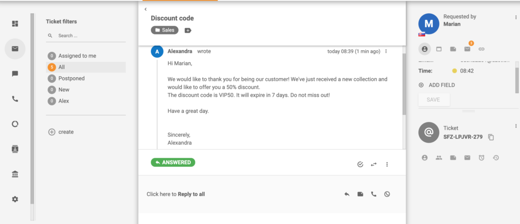Ejemplo de ticket con oferta de código de descuento