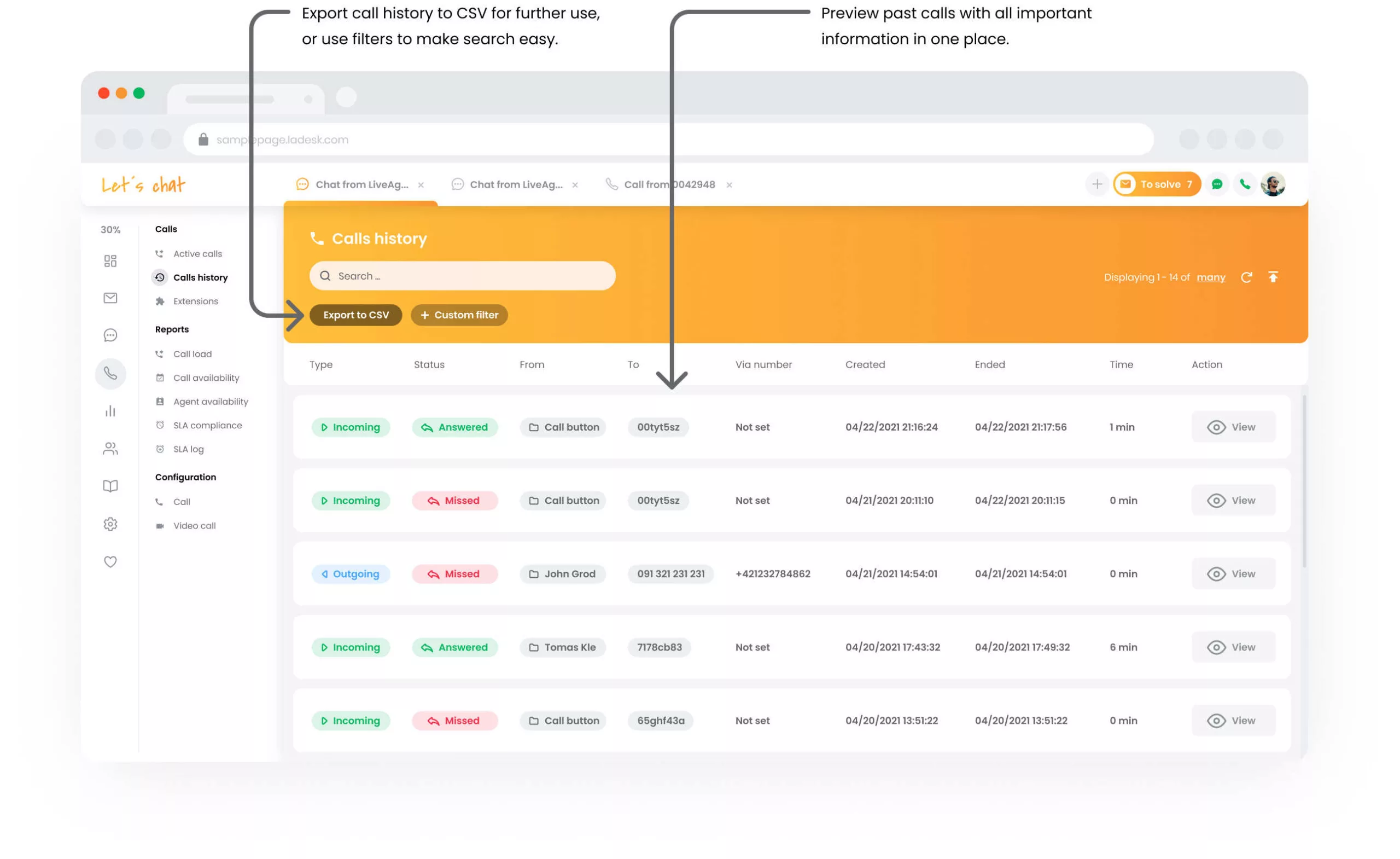 Historial de llamadas de LiveAgent