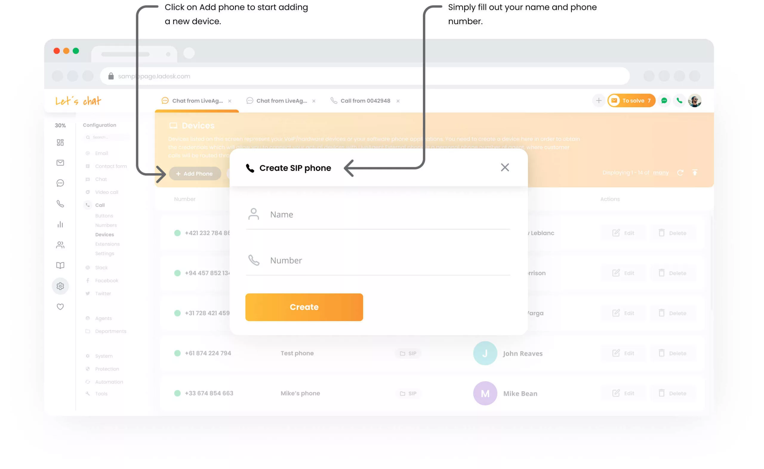 Dispositivos de llamada de LiveAgent