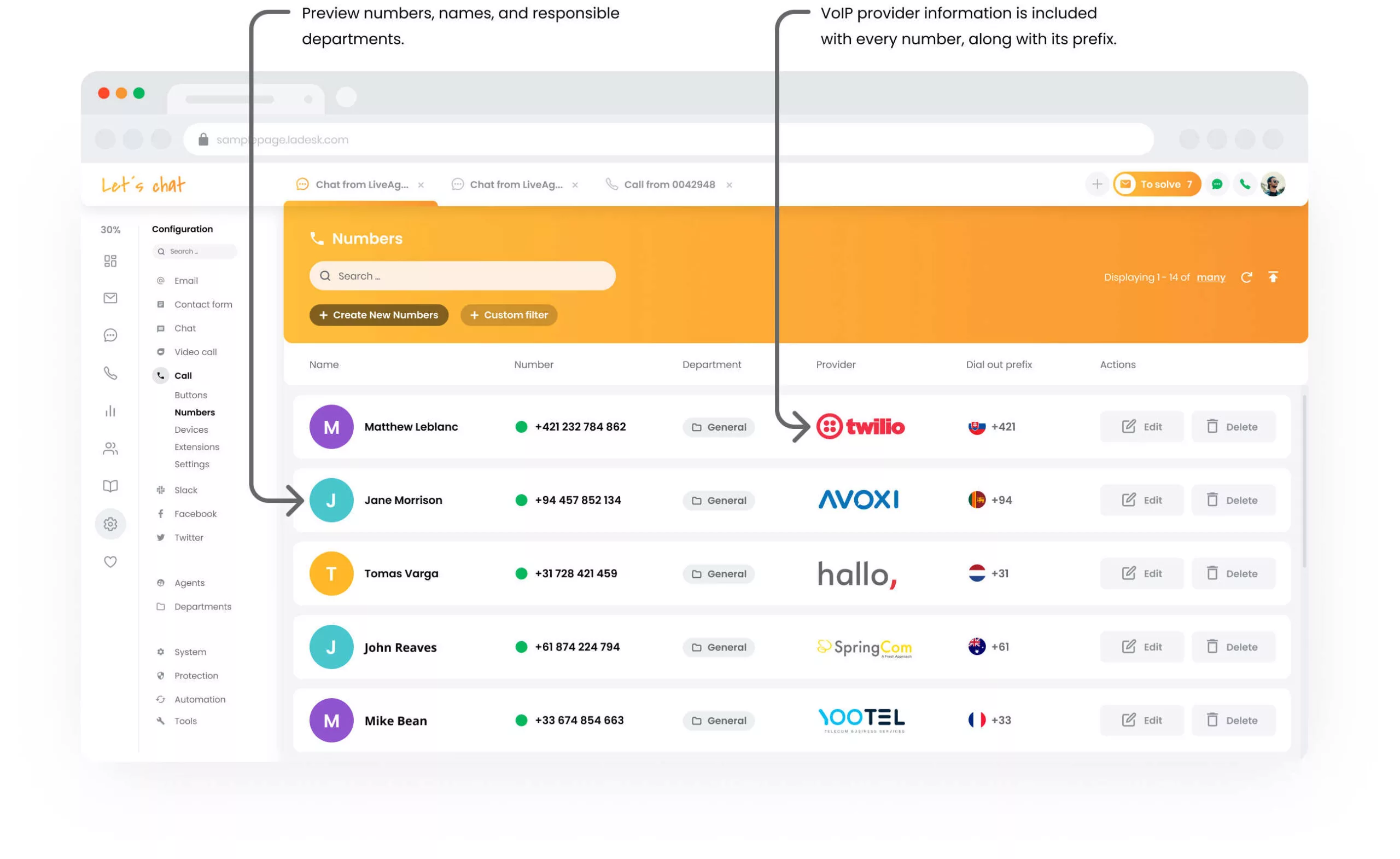 Configuración de números de centro de llamadas de LiveAgent