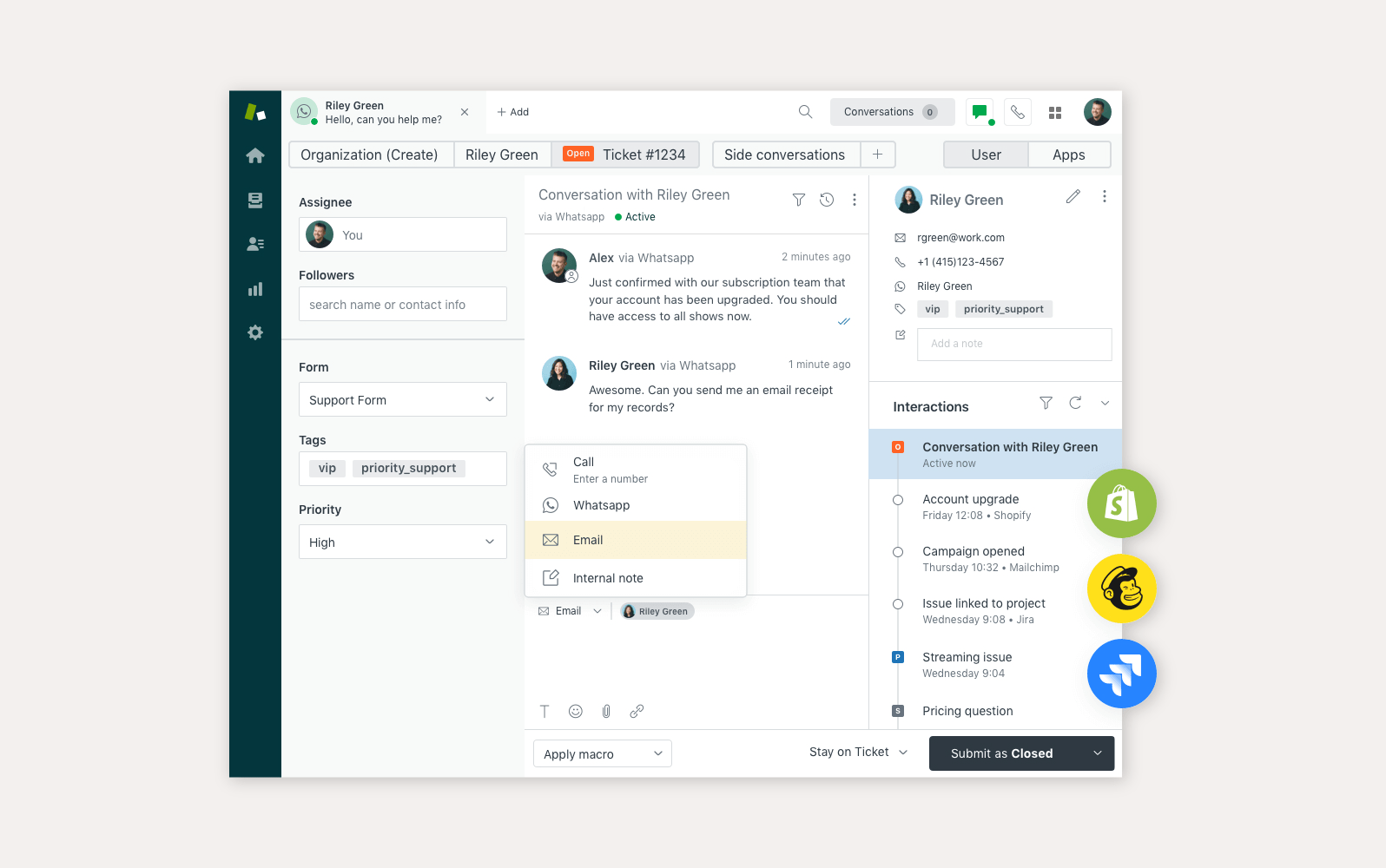 Interfaz del centro de llamadas de Zendesk