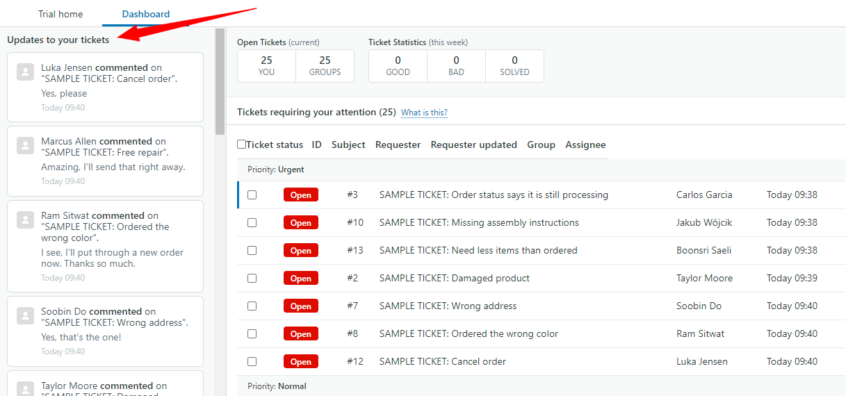 Captura de pantalla de actualizaciones de tickets de Zendesk