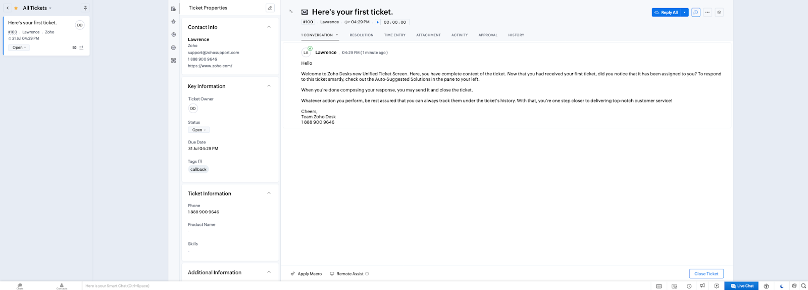 Entorno de tickets de Zoho Desk