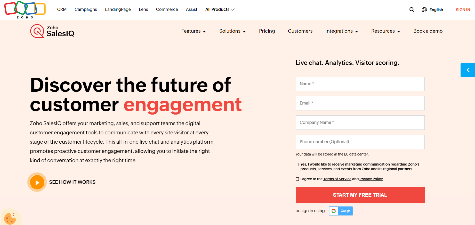 Página de inicio de Zoho SalesIQ - software de chat en vivo para compromiso del cliente de ecommerce