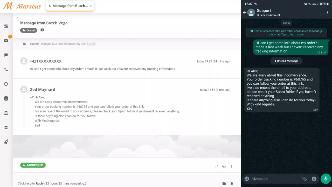 Mensaje de WhatsApp mostrado como un ticket en LiveAgent
